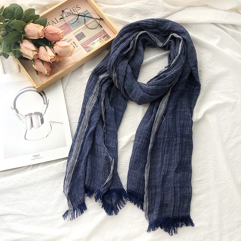 Cotton Linen Men Scarf Autumn Winter Black Navy Striped Tassel Scarves Mens Shawl Wrap Fashion Male Accessories Bufandas 250818