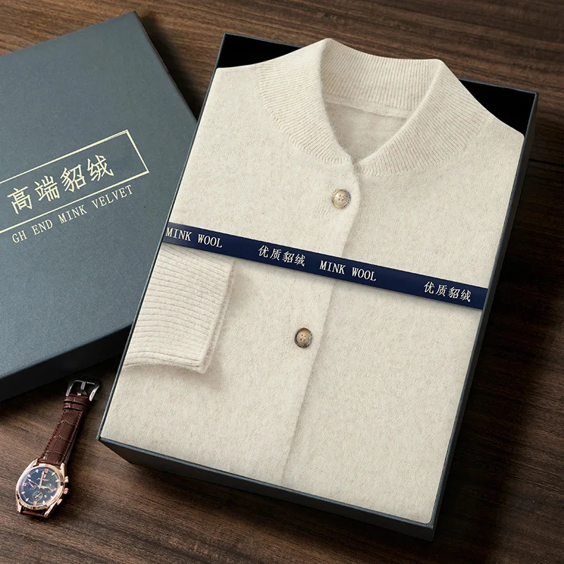 Autumn Winter Mens Loose Solid Color Sweater Mink Cashmere Cardigan Stand Up Collar Long Sleeved Casual Knit Jacket 250819