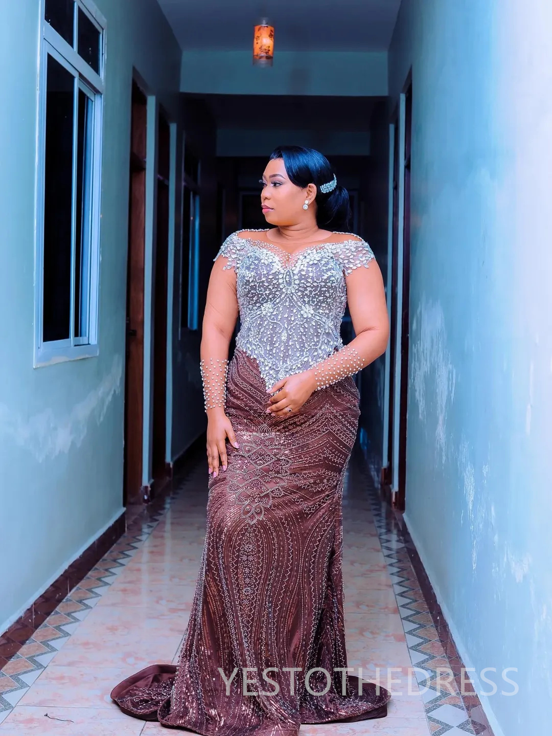 Plus Size Aso Ebi Mermaid Prom Dress 2025 Evening Dresses Robe De Sorrie Sheer Neck Long Sleeves Beaded Lace Crystals Birthday Dress Second Reception 