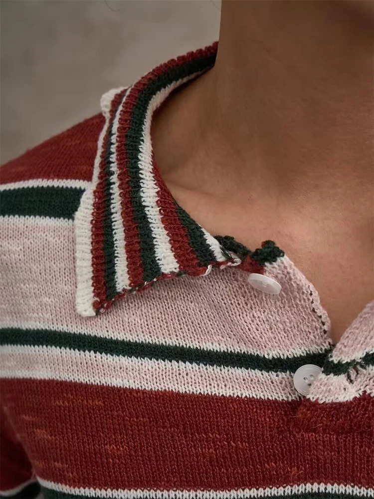 Retro Striped Knitting Polo Shirts For Mens Autumn Casual Lapel Buttoned Patchwork Knit Sweater Polo Shirt Men Long Sleeve Polos 250818