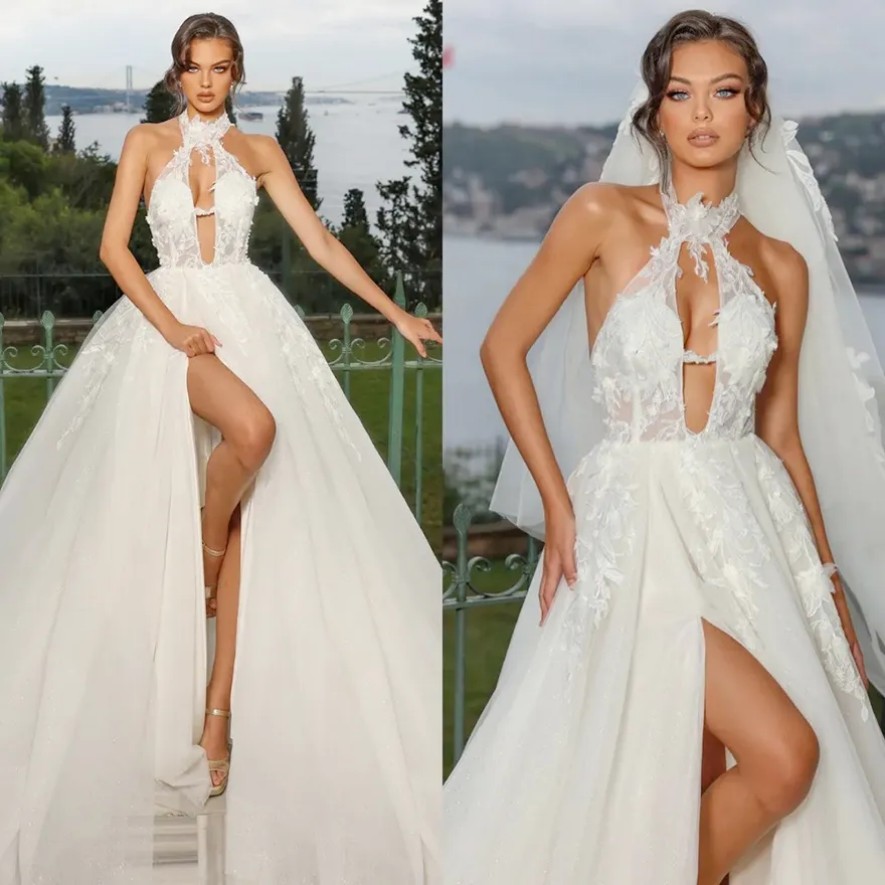 Sexy High Neck Wedding Dresses for Bride Illusion Lace Appliqued Split Slit Wed Dress Designer Bridal Gowns