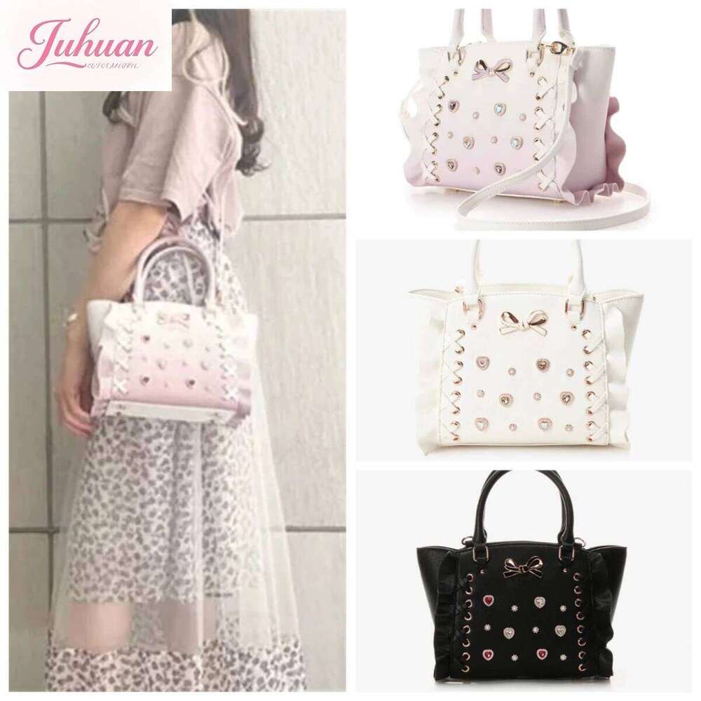 Japanese Cross Lolita Handbags Female Gradual Change Color Rhinestone Gemstone Mine Tie Bow Portable Oblique Span Tote Bags Girl