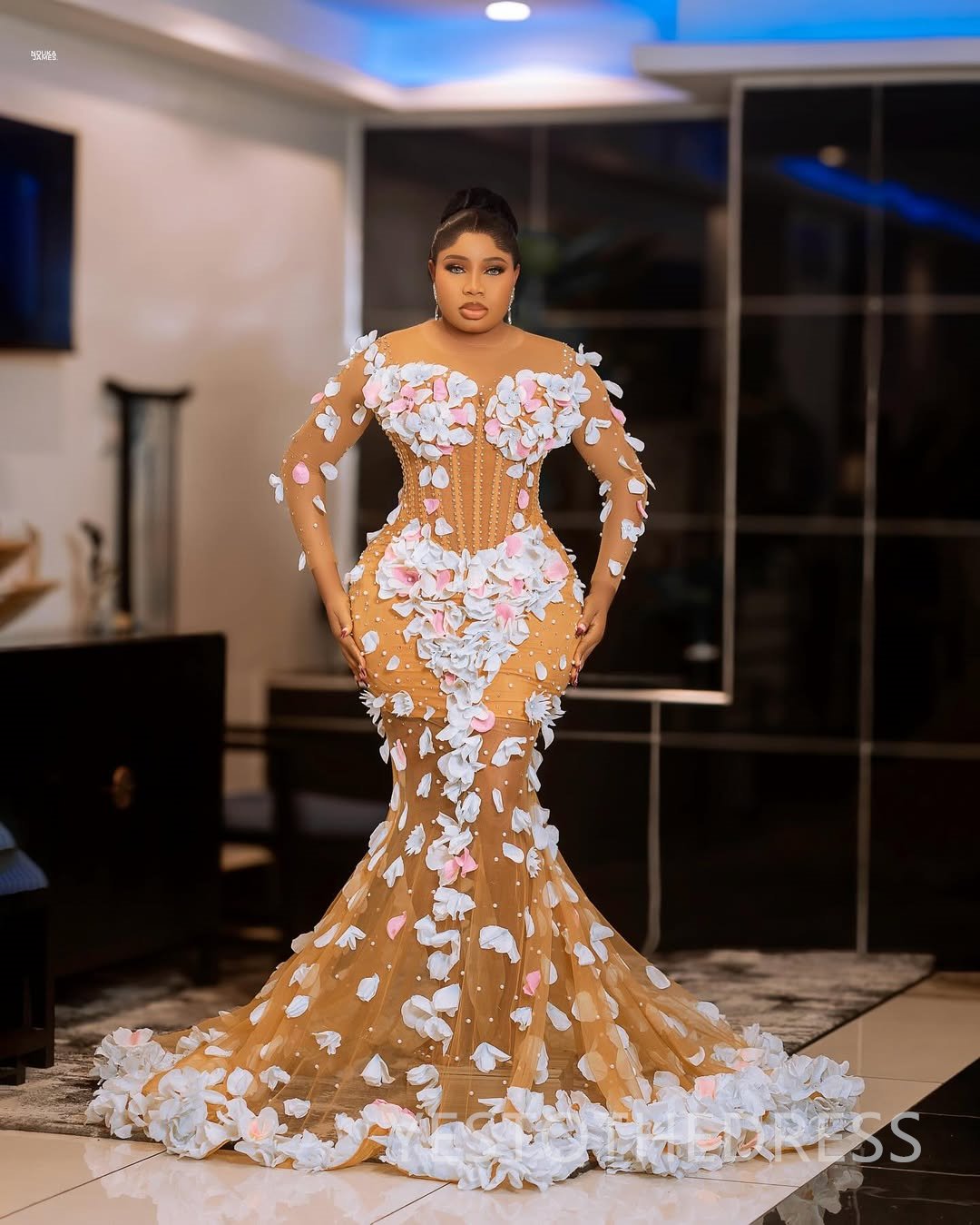 Plus Size Aso Ebi Mermaid Prom Dress 2025 Evening Dresses Robe De Sorrie Sheer Neck Illusion 3D Flowers Pearls Birthday Dress Second Reception Gowns A