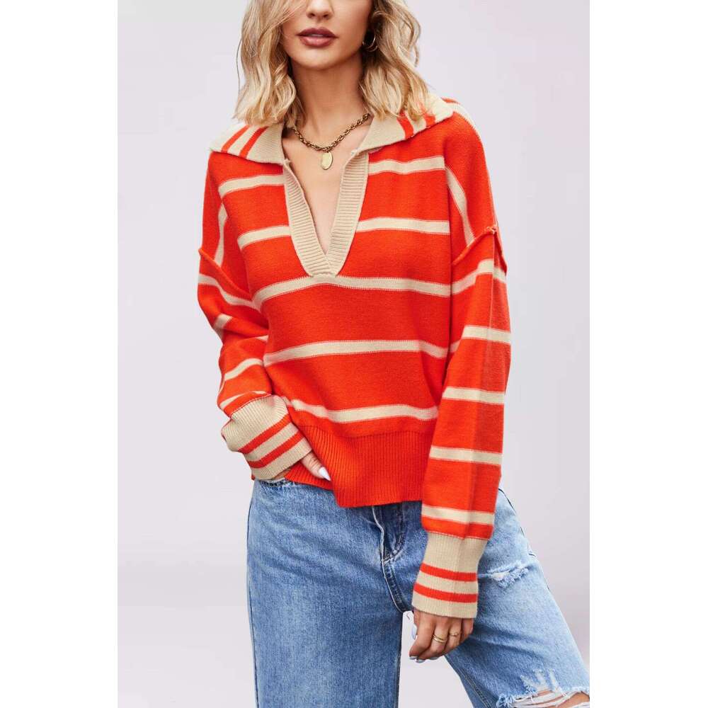 Autumn Winter Women's Fashion New Style Patchwork Color Striped Loose Sweater Turn-Down Collar Knitwear B5