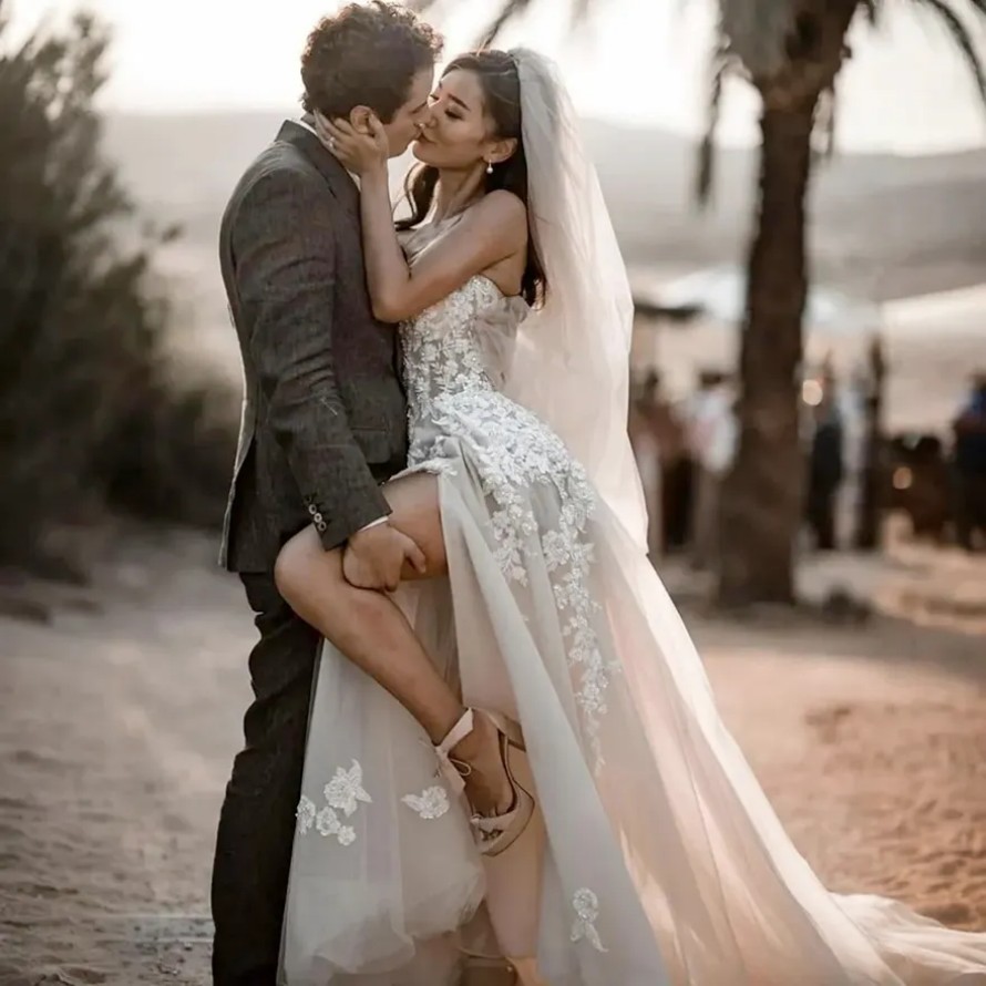 Beach Boho Wedding Dress for Bride Sweetheart Neckline Tiered Tulle Bridal Gowns Sexy High Split Beaded Lace for Marriage for African Arabic Black Wom