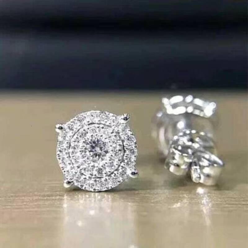 Moissanite Luxury Hot Crystal Full Clear Big Round Stud Earrings Lady Silver Classic Women Girls Daily Stud Earrings