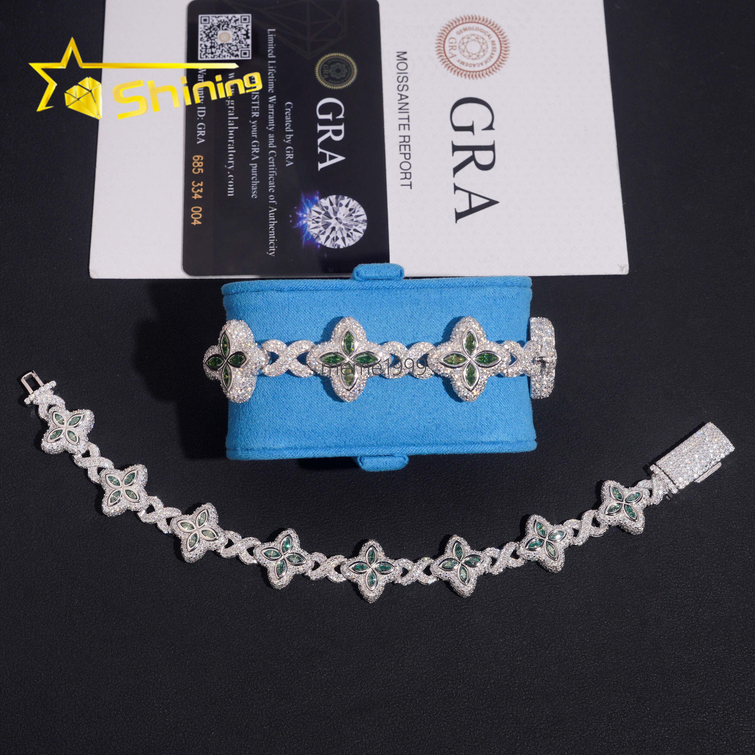 Rapper Hip Hop Jewelry 15mm 18mm Green Clover Moissanite Cuban Bracelet Custom 925 Silver Iced Out Infinity Moissanite Bracelet