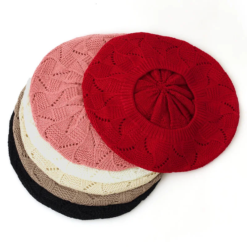 Geebro Womens Plain Color Knit Beret Hat Ladies French Artist Beret Hats Spring Casual Thin Acrylic Berets for Women Beanie 250819
