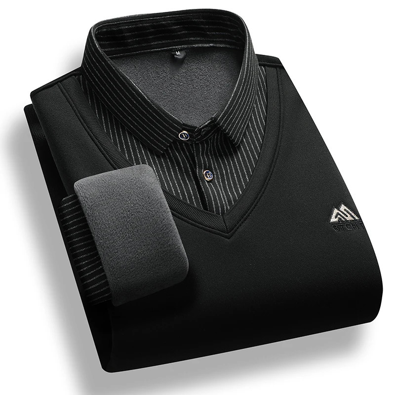 Mens Fleece Lined Sweater Polo Collar Pullover Tops Two Piece Fashion Business Causal Pullovers Thick Winter Clothes 250819