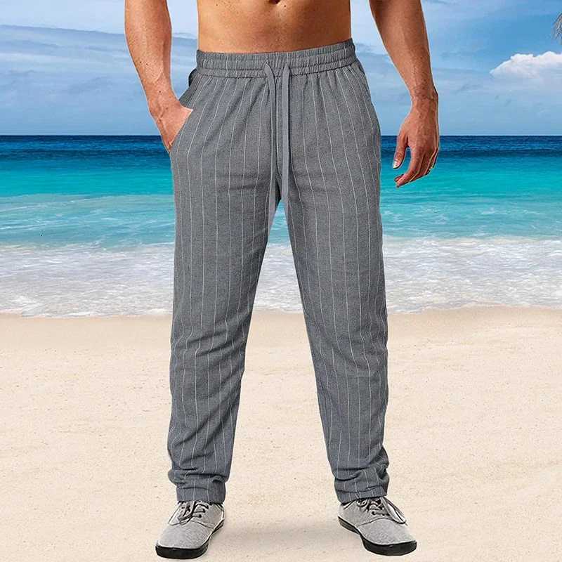 New Mens Cotton Linen Trousers Design Vertical Stripes Breathable Pants Casual Baggy Elastic Waist Straight Leg Sweatpants W250819