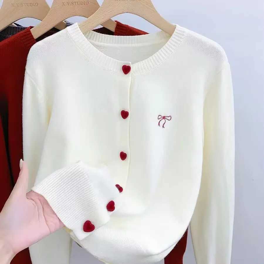 2025 Bow Embroidery Knitted Cardigan Women O-Neck Single Breasted Heart Button Sweater Korean Casual Solid Color Knitting Tops XJ250819