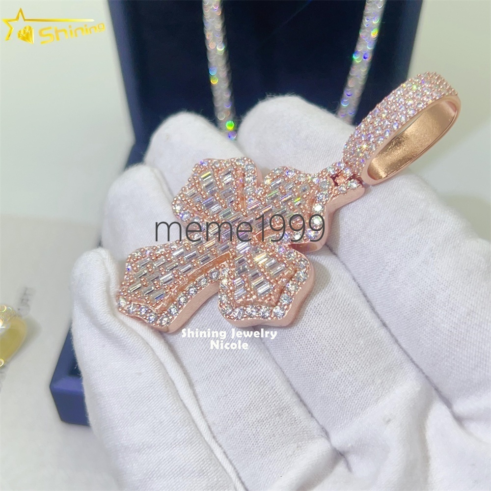 Fine Jewelry 925 Silver Baguette Diamond Cross Charms Moissanite Hip Hop Jewelry Mens Moissanite Pendant