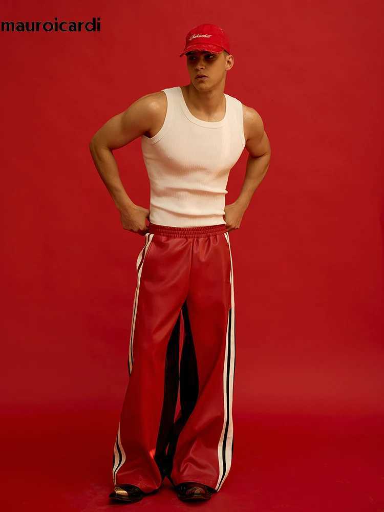 Mauroicardi Spring Autumn Long Loose Casual Baggy Color Block Pu Leather Pants Men Elastic Waist Wide Leg Trousers Streetwear W250819