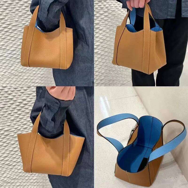 Double Sided Vegetable Basket Fashion Lychee Pattern Genuine Leather Handbags For Women Large Capacity Bucket Bag