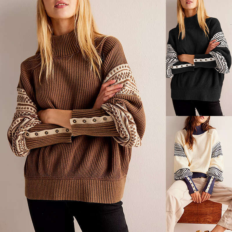 New Autumn And Winter Knitted Color Matching Half Turtleneck Fashion Pullover Sweater Women's Clothing B3