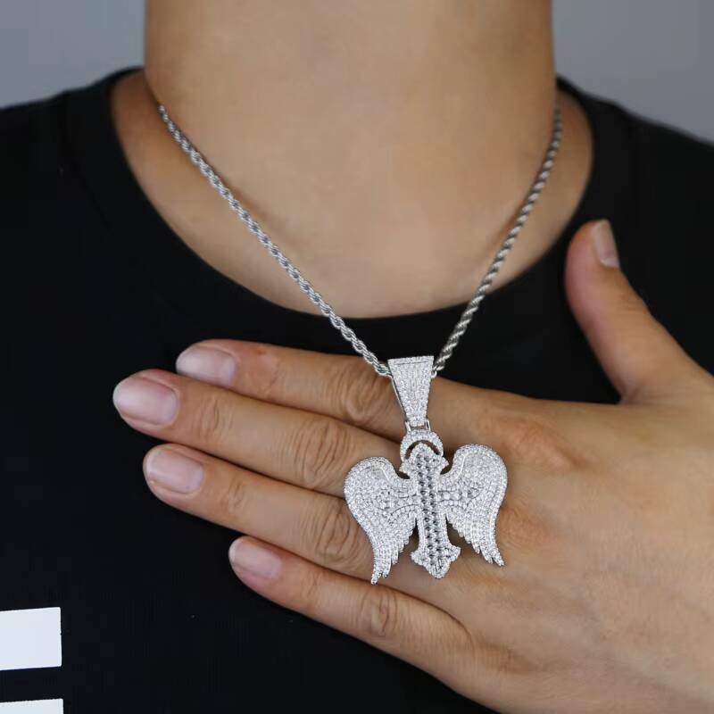 Fashion Angels Demons Iced Out Cross Micro Moissanite Paved Wing Necklace High Quality Men Women Hip Hop Jewelry Pendant