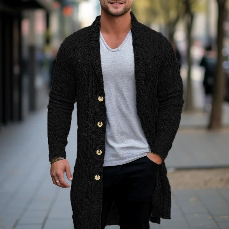 Winter Clothing Mens Knitted Jacquard Lengthen Cardigan Jacket Casual Fashion Sweater Coats Long Sleeve Wool Knitwear 250819