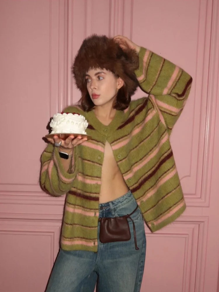 Elegant Stripe V Neck Women Sweater Single Breasted Loose Knitted Lady Cardigan Autumn Full Sleeve Female Coat 250819