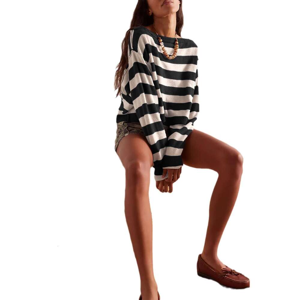 New Autumn Winter Pullover Loose Sweater Striped Short Knitted Top For Women B5