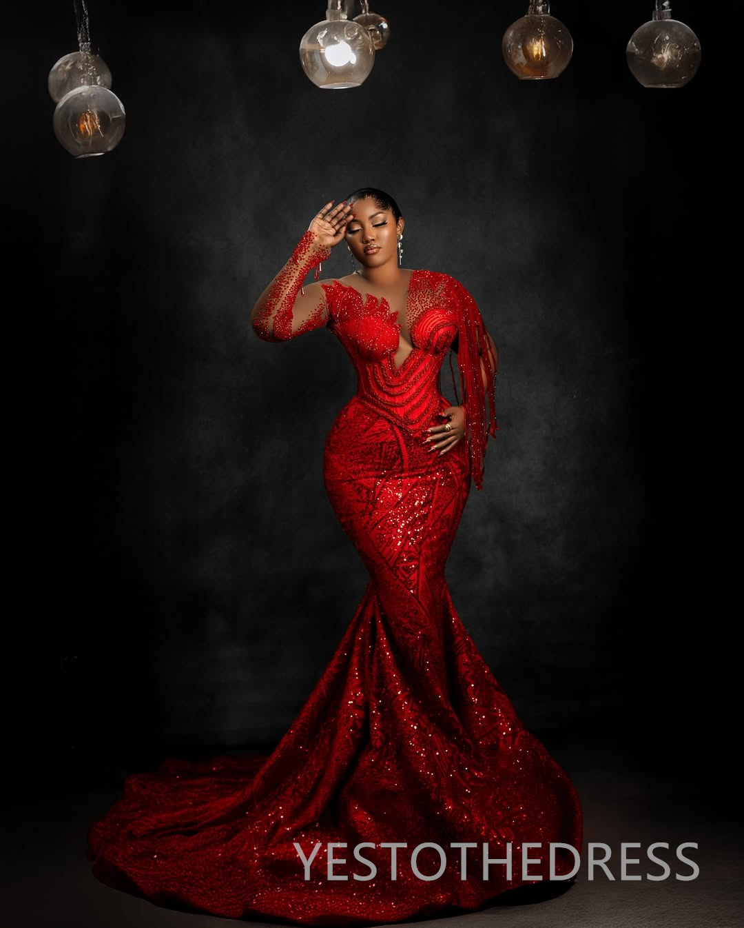 Plus Size Red Mermaid Prom Dress 2025 Evening Dresses Robe De Sorrie Sheer Neck Illusion Beaded Lace Tassel Birthday Dress Second Reception Gowns AM26