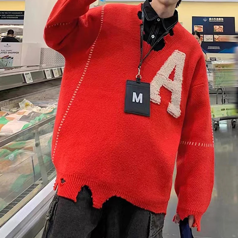 Irregular Hem Frayed Letter y V Neck Casual Sweaters Men and Women High Street Retro Pullover Knitted Autumn Clothes 250819
