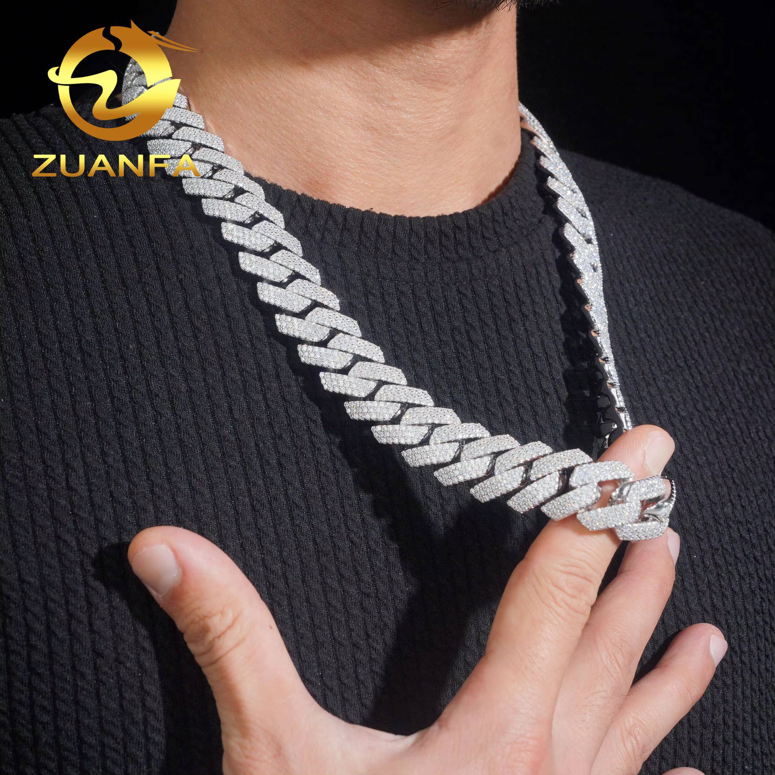 Hip Hop Jewelry 20MM Moissanite Cuban Chain 925 Silver Iced Out 3 Row Miami Cuban Link With GRA Certificate