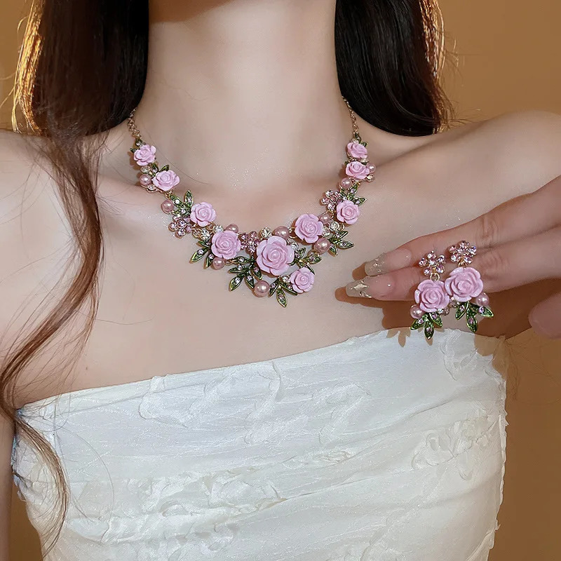 Romantic Rose Flower Necklace Bracelet Stud Earrings Jewelry Set Womens Fashion Pink Purple Choker Necklace for Party Wedding 250818