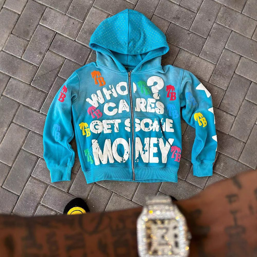 Men's Hoodies Trendy American Alphabet Pattern Loose Casual Comfortable Hooded Zipper Retro Sweater Jacket Top 555