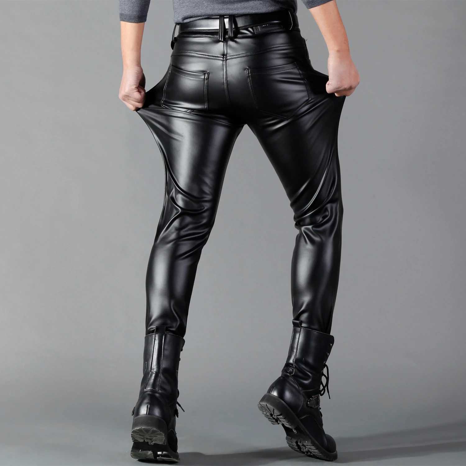 Mens Leather Pants Skinny Fit Elastic Fashion PU Leather Bikers Trousers Nightclub Party Dance Pants Thin W250819