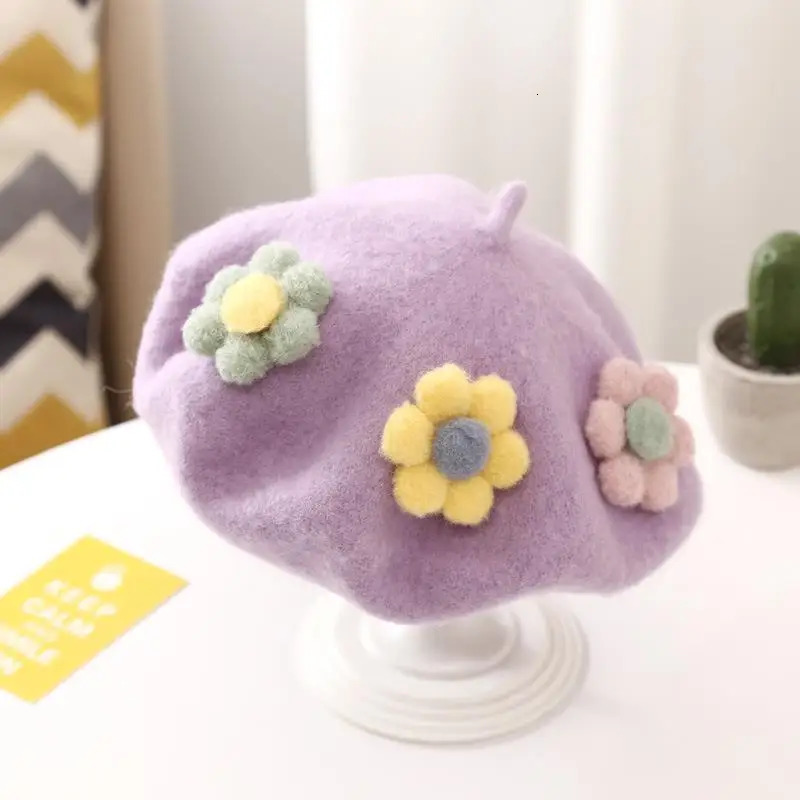 Princess Children Girl Baby Wool Beret Hat Cute Super Spring Autumn Parent Women Kids Three Flowers Painter Hat 250819