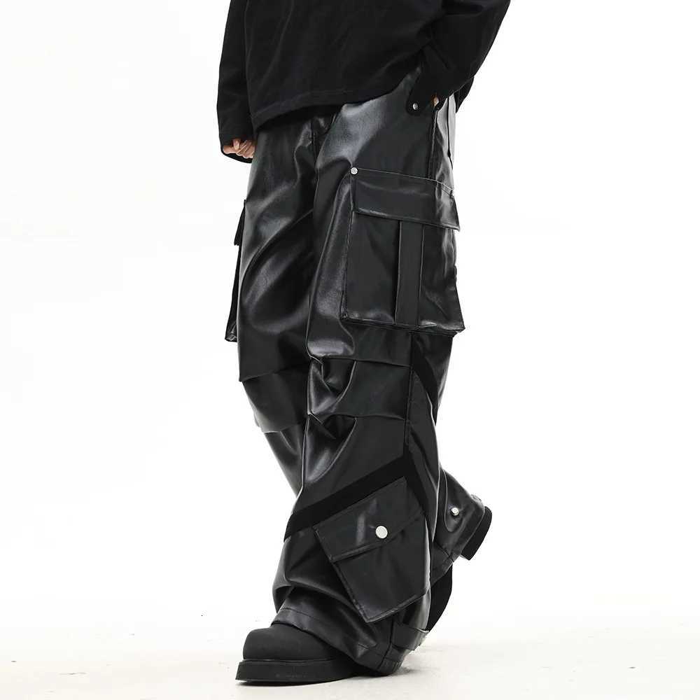 Rock Leather Pants Thickened High Street Pleated Multi-Pocket Loose Straight Pants for Men W250819