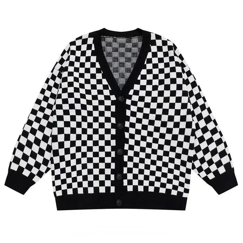 Checkerboard Plaid Cardigan Mens Sweaters INS Winter Coats Knitwear Clothing Japanese Vintage Wool Couples 250819