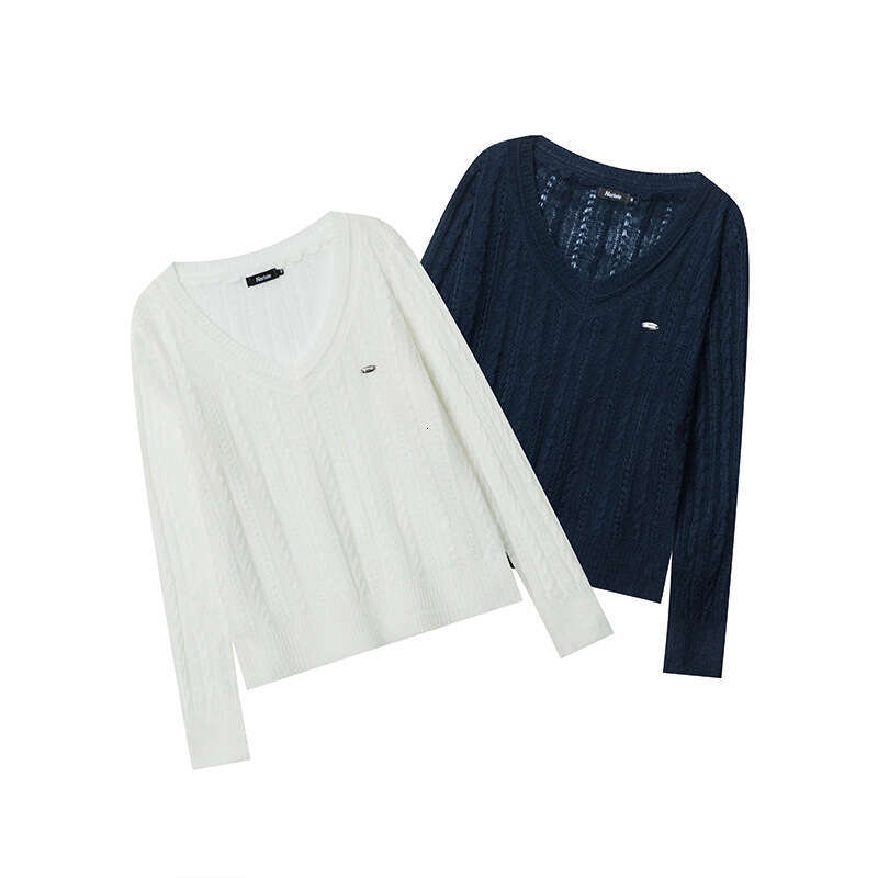 Platinum Hand-Sewn Label Spring Solid Color Fashion V-Neck Long Sleeve Cable Knit Sweater For Women B3