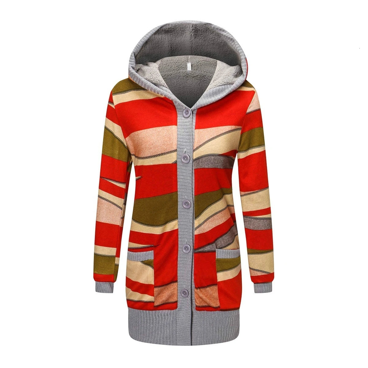Women Cardigan Striped Print Long Sleeve Sweater Coat Buttons Closure Hooded Plush Lining Outerwear For Autumn Winter 250819