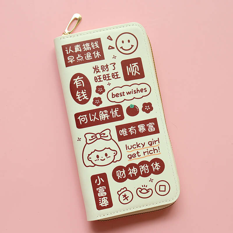 Chinese Style Text Cartoon Cute Girls Coin Purse Japanese and Korean Trend Large Capacity Long Zipper Wallet Phone Bag