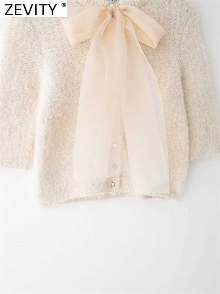 2023 New Women Fashion Transparent Organza Bow Tied Design Knitting Sweater Fe Chic Half Sleeve Pullovers Coat Tops SW7335XJ250819