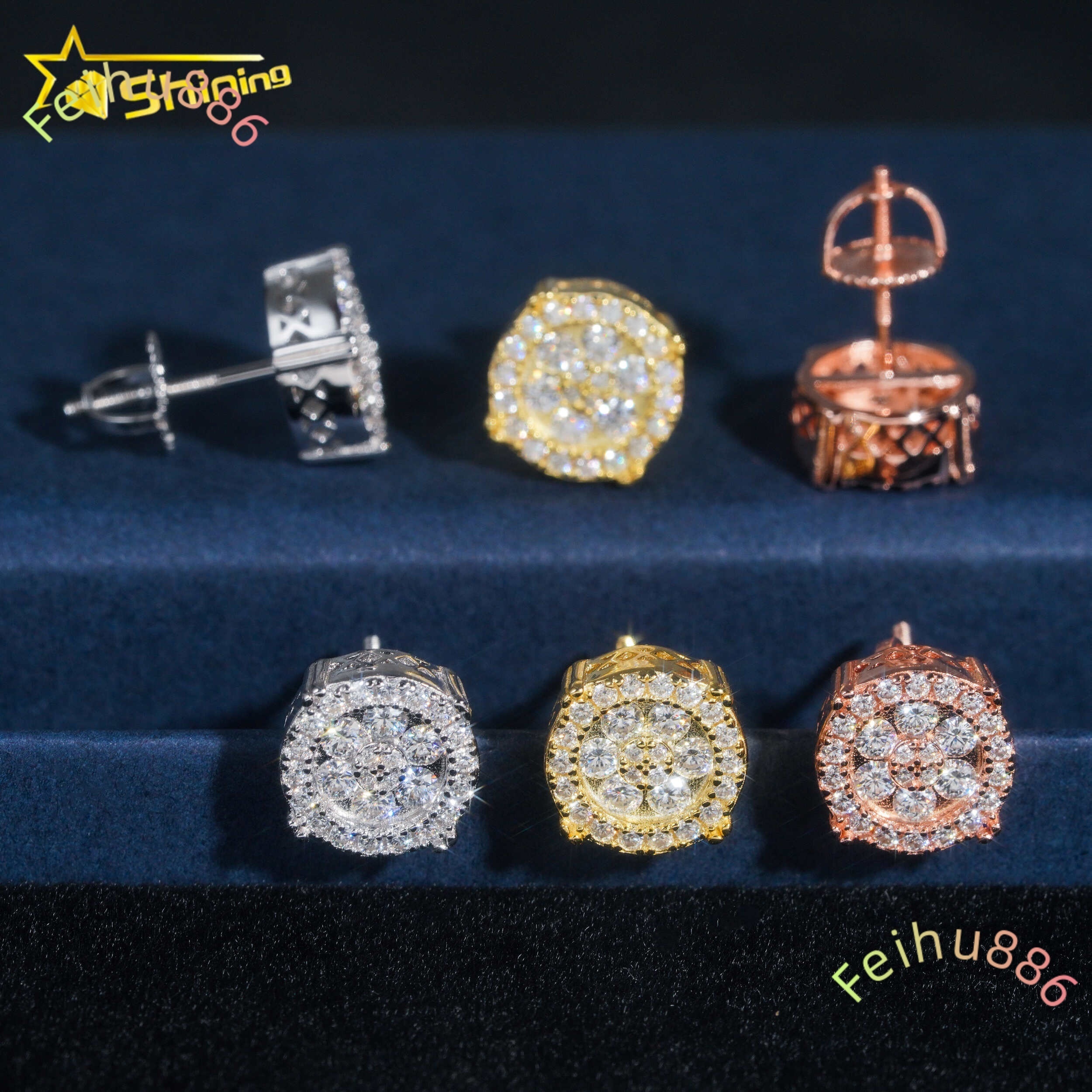 2025 new style Nice Jewelry Bling Shining Round Shape 925 Silver White Gold Moissanite Hip Hop Earrings