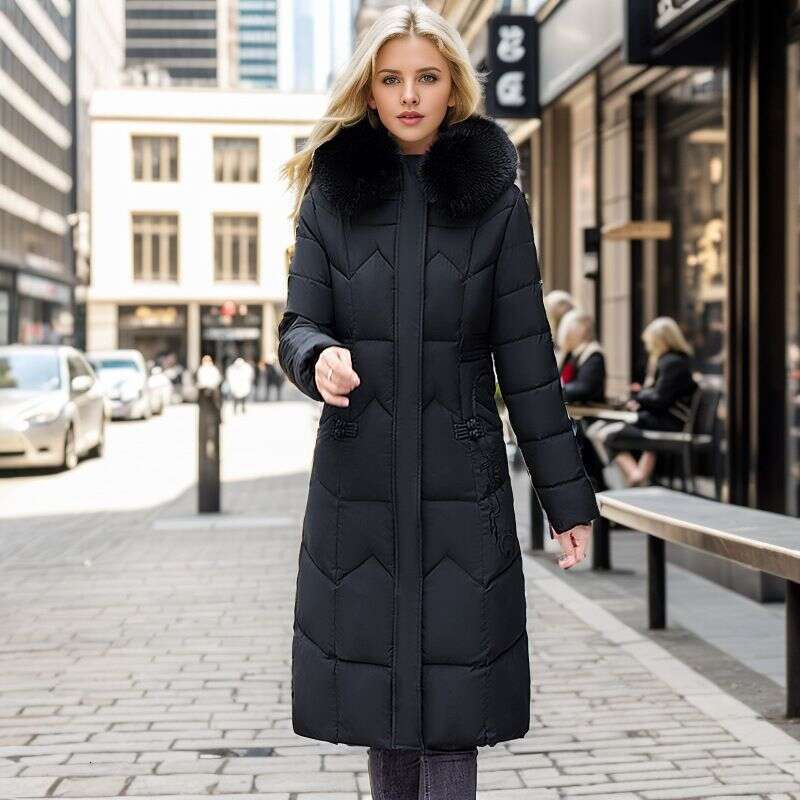 Women's Clothing winter new fashion coat women's long waist cut and knee length thickened large fur collar cotton padded jacket