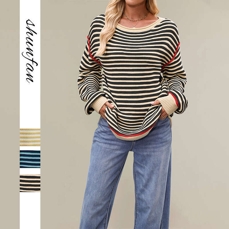 New Autumn Winter Sweater Women's Clothing Popular Striped Top Round Neck Pullover Loose Long Sleeve B3