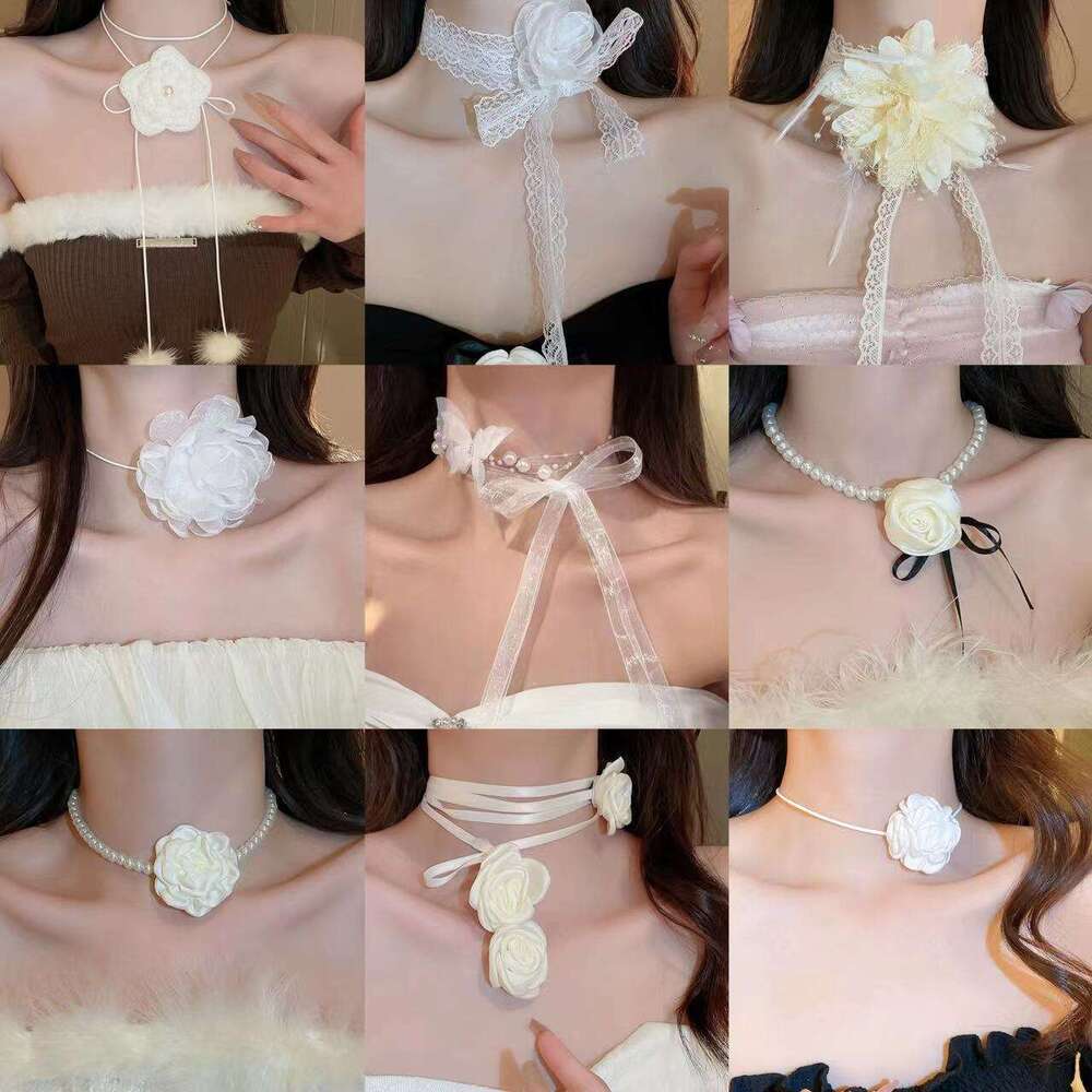 Fabric Mesh Flower Ribbon Internet Celebrity Style Girly Heart Choker Fashion Sweet High-end Sense Necklace