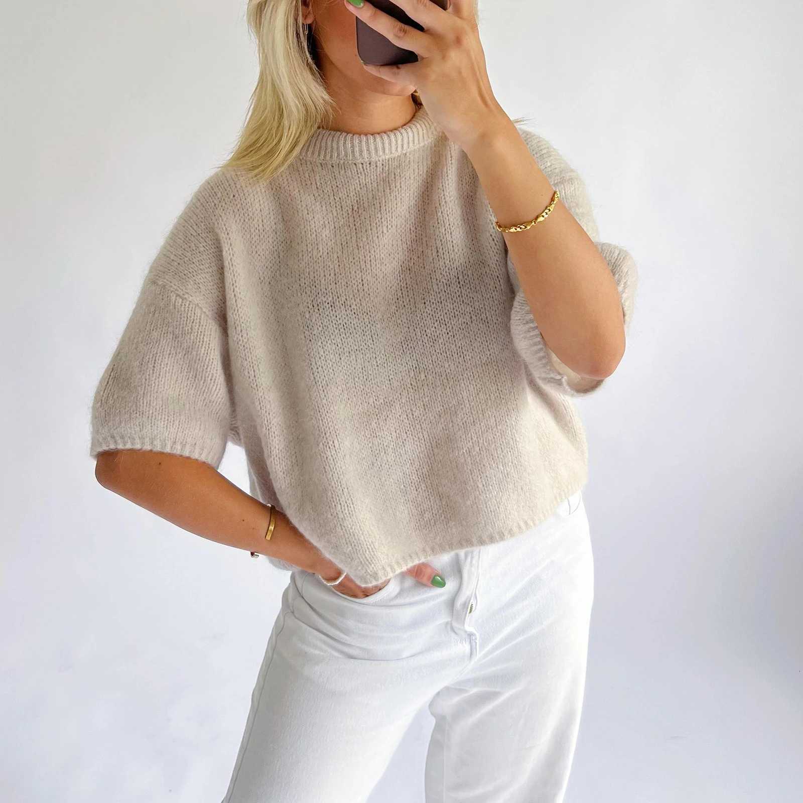 Imcute Womens Casual Sweaters Short Sleeve O Neck Knit Crop Tops Y2k Girls Pullover Shirts Knitwear Vintage Streetwear XJ250819