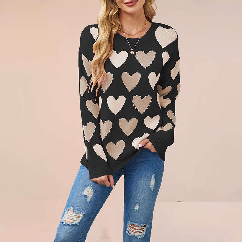 Autumn Winter New Tiktok Valentine's Day Round Neck Beaded Heart Peach Pullover Knitted Sweater For Women B5