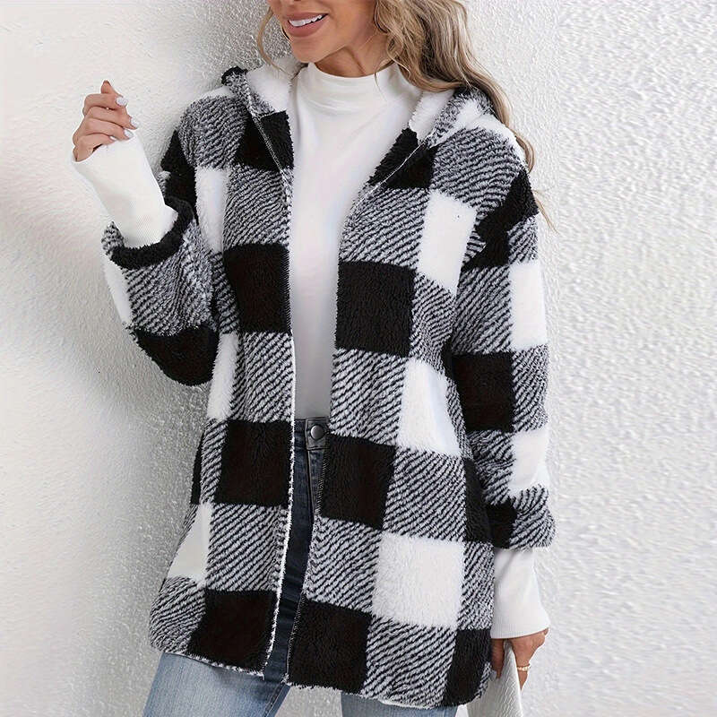 Plush Women's Jacket Hot Sale Of The Season New Long Sleeve Plaid Hooded Zipper with Pocket Loose Outerwear Punk Style Casua
