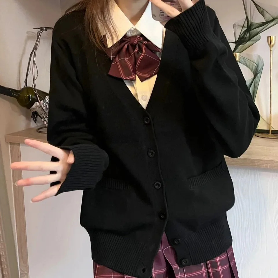 Japanese fashion solid color Vneck knitted sweateroriginal JK uniform cardigan topautumn and winter womens cotton sweater 250819