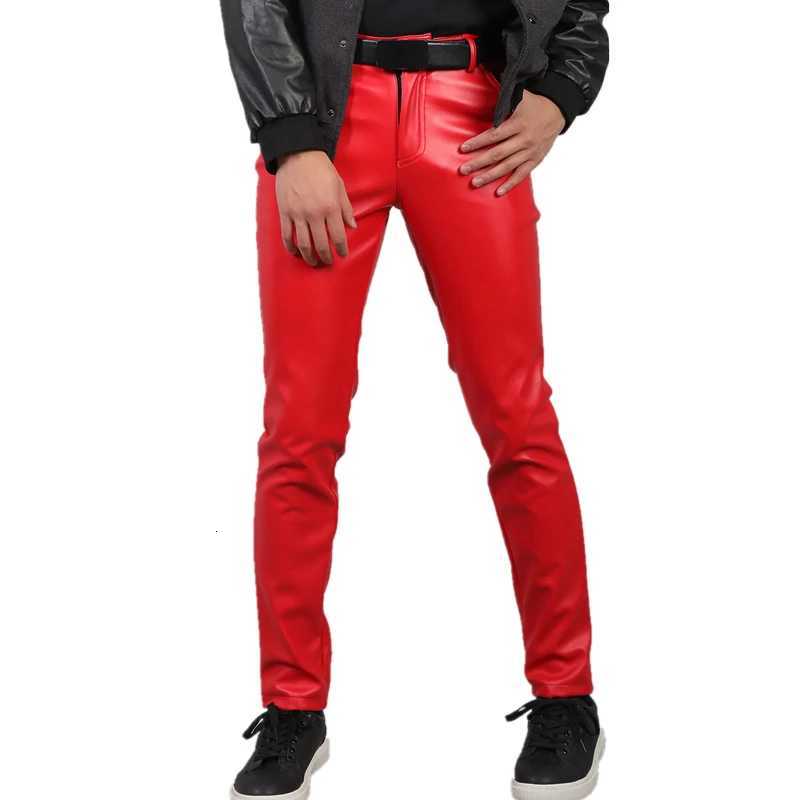 Spring Summer Moto Skinny Elastic Faux Leather Pants Men Black Gold White Thin PU Leather Trousers Brand Men Clothing 28-38 40 W250819