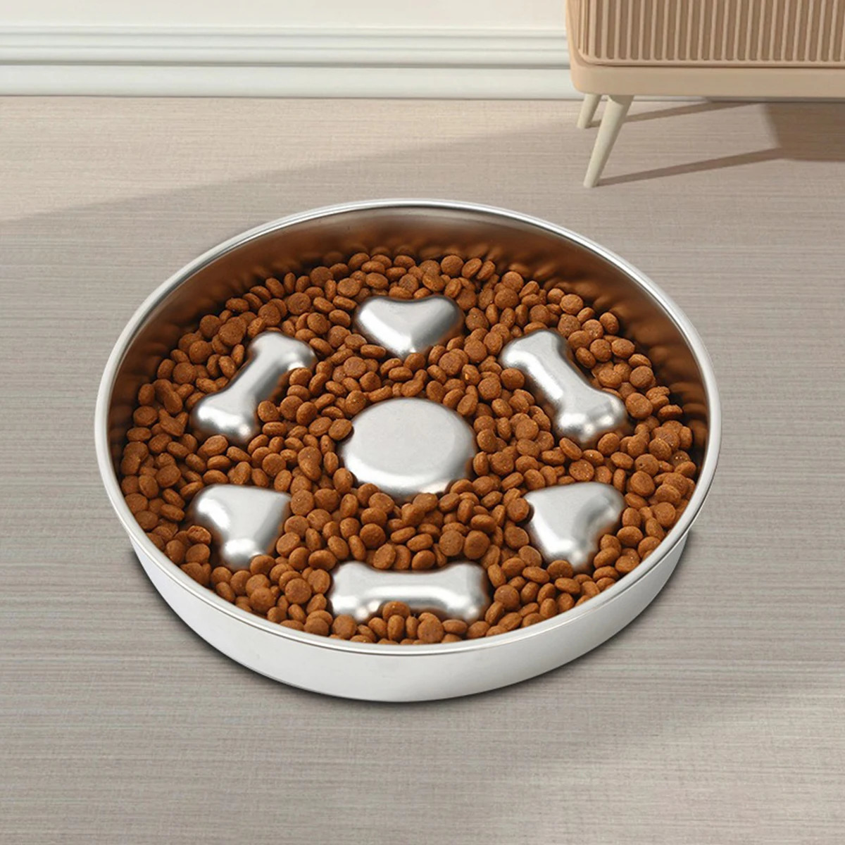 304 Stainless Steel Slow Feeder Bowl - Anti-Slip Silicone Bone/Heart 8.4-9.8in for Cats/Dogs 250813