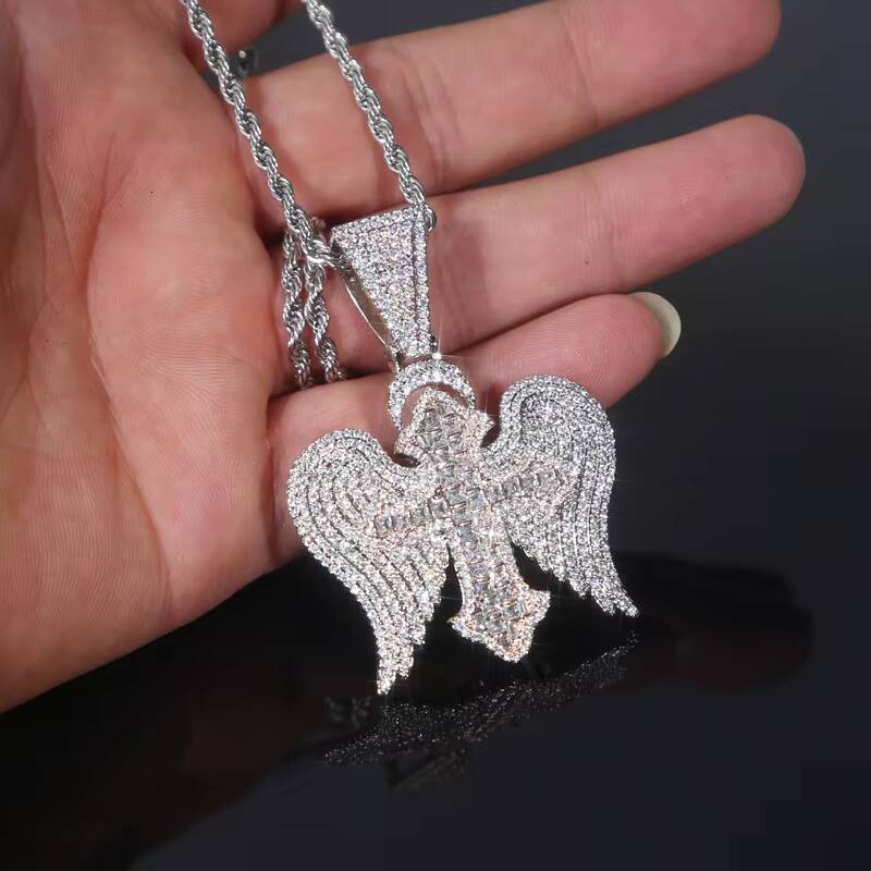 Fashion Angels Demons Iced Out Cross Micro Moissanite Paved Wing Necklace High Quality Men Women Hip Hop Jewelry Pendant