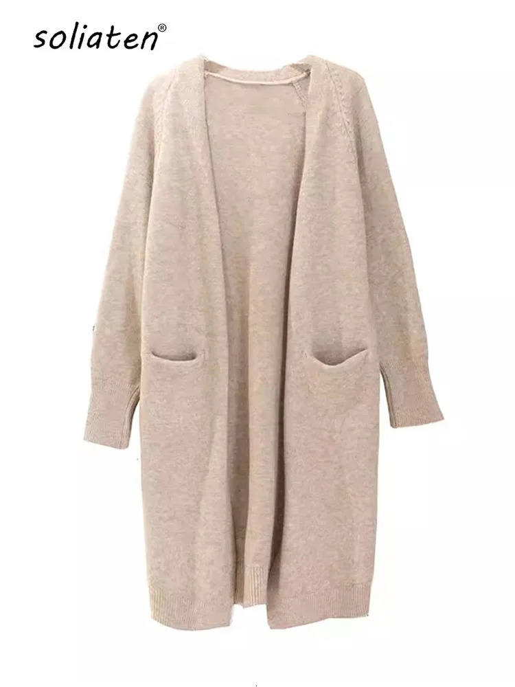 Women Solid Color Loose Thick Warm Sweater Cardigan Pocket Ladies Spring Autumn V Neck Knitted Coat Female Casual Tops C124 250819