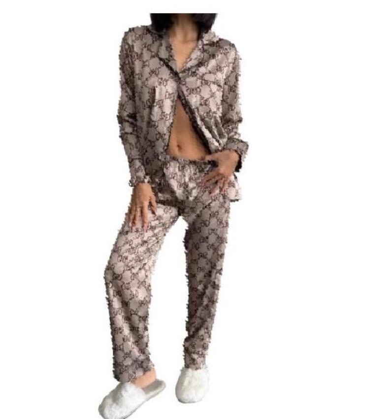 Designer Underwear Pajamas women's ice silk sleepwear two-piece set luxurious long pants long sleeved home outfit with headband