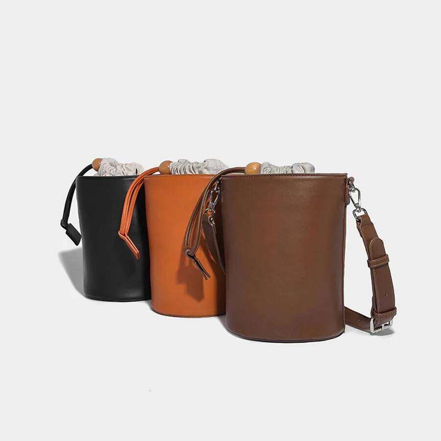 Korean Drawstring Cylinder Design Bucket Bag Female Solid Purse Handbags Fashion Trend Pu Leather Single Shoulder Crossbody Bags